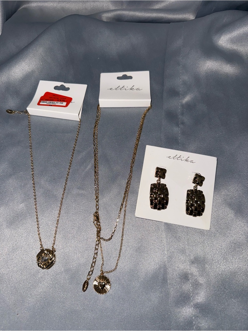 ettika Gold Layered Pendant Necklaces with Textured Drop Earrings